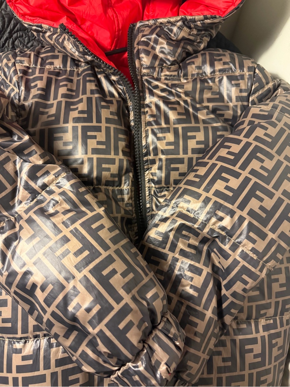 Fendi Logo Puffer Jacket in Brown, Black & Red